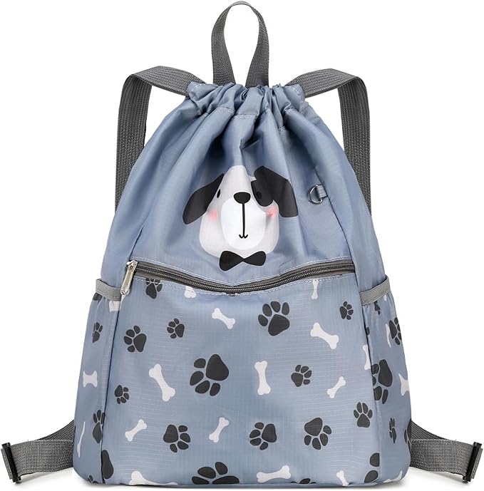 Children Boy Girl Dog Print Drawstring Backpack Outdoor Casaul Portable Shoulder Bag Swim Gymsack Sack Pack Grey