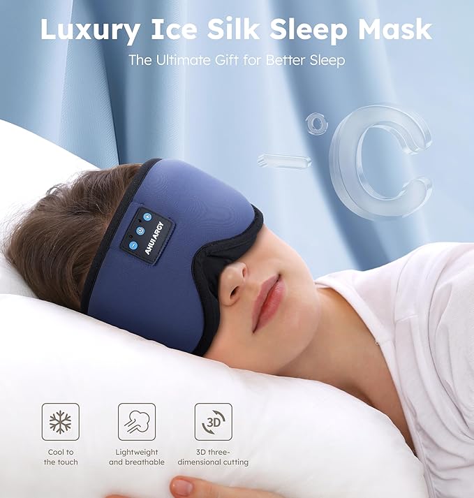 Ice Silk Sleep Mask with Headphones, Sleep Headphones for Side Sleeper with 3D Cups, Bluetooth 5.4 Sleeping Eye Mask, Total Blackout Sleeping Headphones for Women Men(Navy)