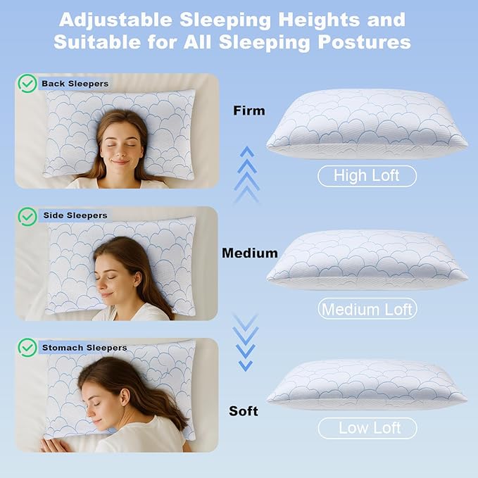 Cooling Pillows King Size Set of 2, Luxury Memory Foam Pillows, Adjustable Firm Bed Pillows for Sleeping 2 Pack, Cool Cold Soft Gel Pillow for Hot Side Back Stomach Sleepers 20" x 36"