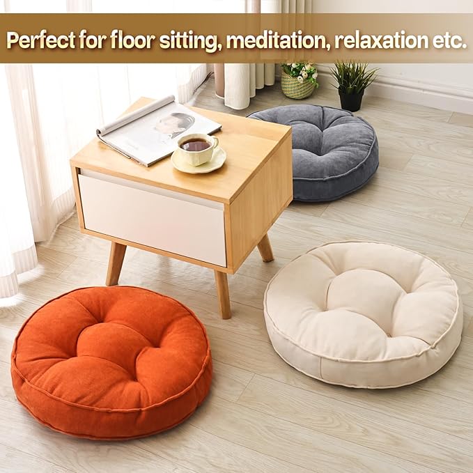 Floor Pillow Set of 2, Memory Foam Floor Cushions for Adults, Large Round Meditation Pillow for Sitting, 22 x 22 Inches (Round | Orange)