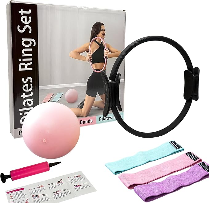 Pilates Ring Kit with Mini Ball & 3 Resistance Bands, at Home Pilates Equipment Set for Toning, Strength & Core Work, 15'' Magic Circle & 3-Level Bands