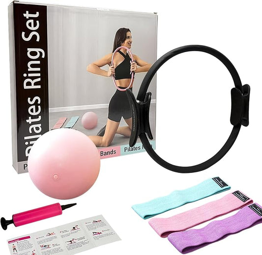 Pilates Ring Kit with Mini Ball & 3 Resistance Bands, at Home Pilates Equipment Set for Toning, Strength & Core Work, 15'' Magic Circle & 3-Level Bands