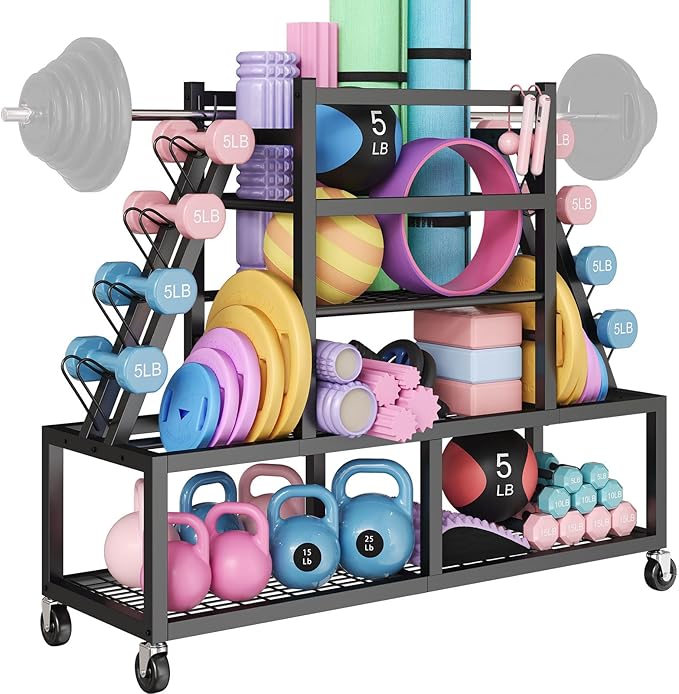 Dumbbell Rack Weight Rack Storage-Large Dumbbells Rack Home Gym Storage,Multilevel Workout Storage Organizer with Wheels and Barbell Holder,Perfect for Yoga Mat Balls Kettlebells and Fitness Gear,black