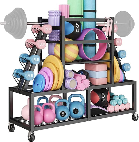 Dumbbell Rack Weight Rack Storage-Large Dumbbells Rack Home Gym Storage,Multilevel Workout Storage Organizer with Wheels and Barbell Holder,Perfect for Yoga Mat Balls Kettlebells and Fitness Gear,black