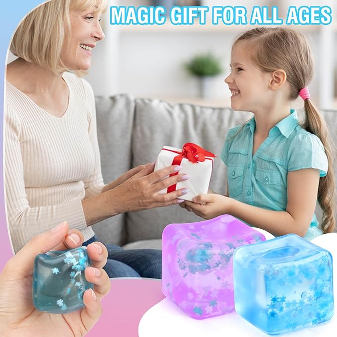 Fidget Toy for All Ages: 2 Pack Soft Sensory Fidget Ice Cube Stress Ball Squishy Cube Stress Relief Toys for Kids, Teens and Adults Party Favors, Birthday Gift for Kids Age 3+, Blue Purple