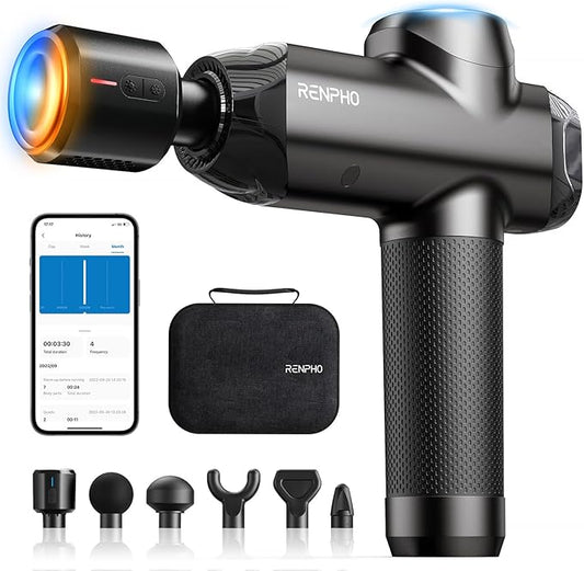 RENPHO Massage Gun Deep Tissue with Heat and Cold, Percussion Muscle Massage Gun Bluetooth with 12mm Amplitude, Handheld Massager Gun, Power+ Thermacool Grey