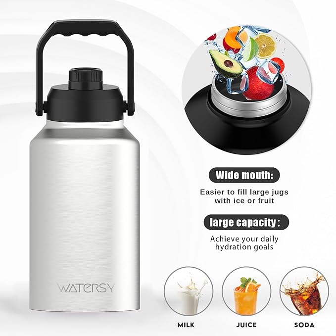 2/3 Gallon Water Bottle Insulated(Cold for 48 Hrs),BPA Free&Leak Proof,87oz Stainless Steel Water Jug/Flask,Big thermo,Large Water Bottle with Handle for Gym,Hiking,Camping,Stainless