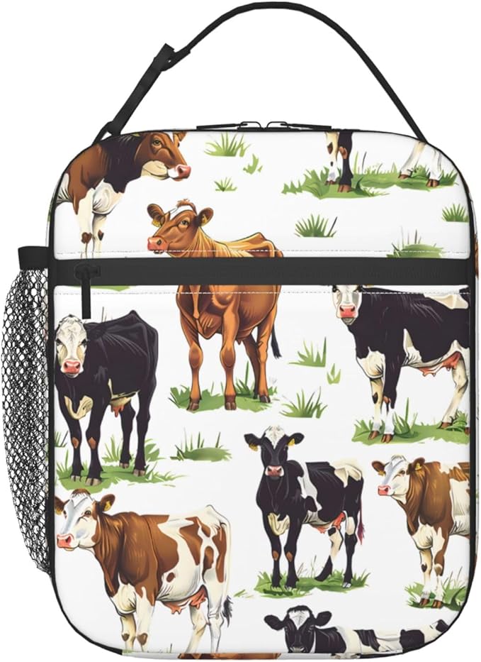 Colorful Cow Lunch Box for Rustic Lovers, Tote Bag with Grass Farm Animal Print, Insulated Lunchbox Gifts, Reusable Cooler Lunchboxes for Office, School, Picnic, Travel, Farmhouse