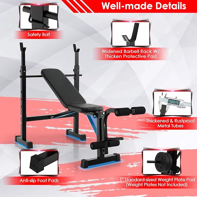 Goplus Adjustable Olympic Weight Bench Barbell Rack Set, Foldable Workout Bench Press Set with Leg Developer, Squat Rack, Home Gym Flat Incline Decline Weight Lifting Strength Training