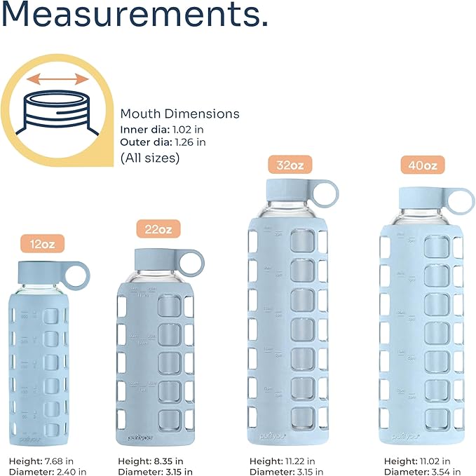 purifyou 40oz / 32oz / 22oz / 12oz Borosilicate Glass Water Bottle with Time & Volume Markers, Silicone Sleeve, Stainless Steel Lid | Reusable Glass Bottle for Water & Juice (22oz Ice Blue)