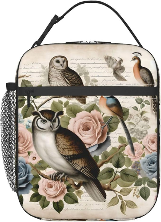 Cool Owl Lunch Box for Kids,Bird Insulated Bag for Student,Animal Reusable Thermal Insulation Cooler Tote Bags for School Work Picnic Camping Outdoor Gifts (Owl and Floral)