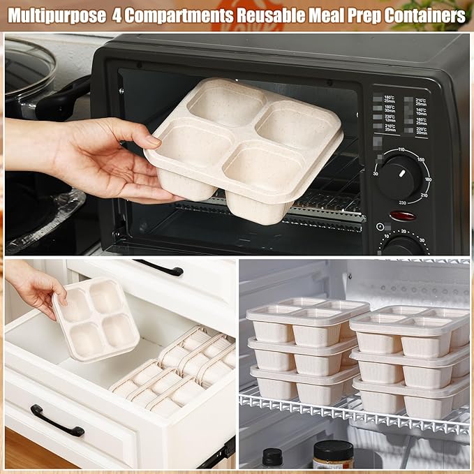 12 Pcs 4 Divided Compartments Snack Containers Bento Wheat Straw Snack Box with Lid Reusable Meal Prep Lunch Box Food Storage Containers for Adults Travel Work(Beige)