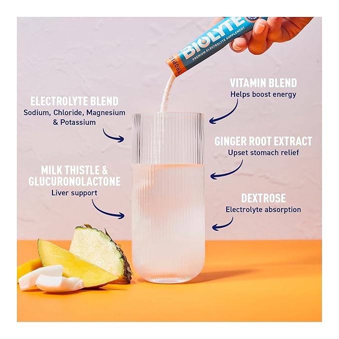 BIOLYTE IV Electrolyte Powder Packets, IV Liquid Drink Mix for Water, Doctor-Developed Hydration, HSA & FSA Approved Dehydration Relief, Chemotherapy Must Haves for Women & Men - Tropical (16 Sticks)