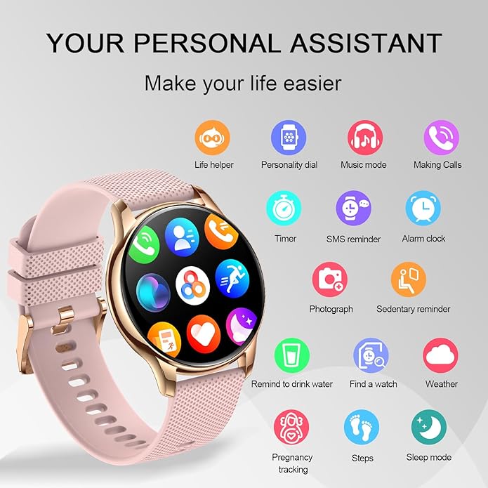 Smartwatch for Women, Waterproof Bluetooth Call Watch for Android iOS Phones, 1.32" AMOLED Round Touch Screen Fitness Tracker with 100+ Sports Modes/Health Monitor/Password Lock/Message Reminder