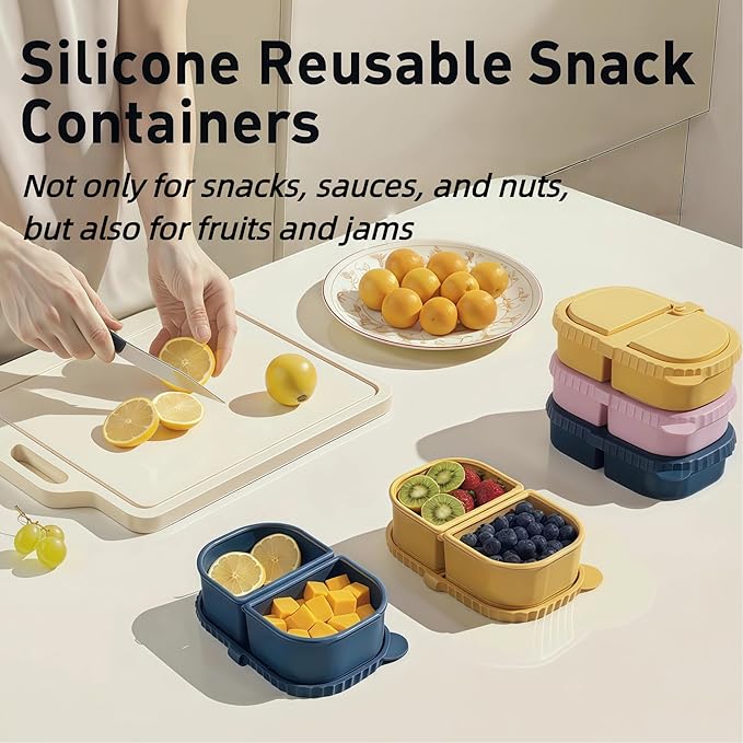 3 Pack Reusable Silicone Snack Containers with Lids, 8.5oz 2 Compartment Snackle Box Containers,Ideal Portable Small Food Storage Box for School, Office and Picnic(Blue, Pink, Yellow)