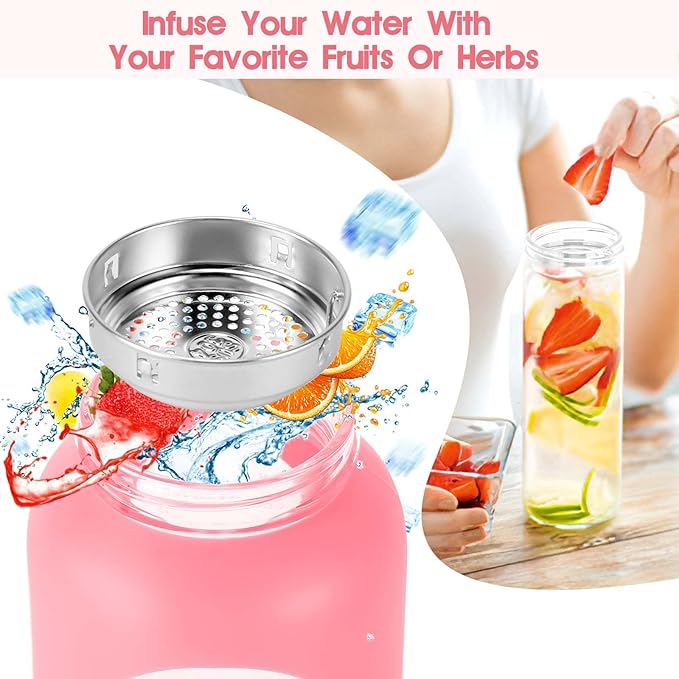 32 oz Glass Water Bottle with Straw - Motivational Time Marker & Silicone Sleeve - Reusable Tumbler Includes 2 Bamboo Lids & Fruit Infuser - 1 Pack