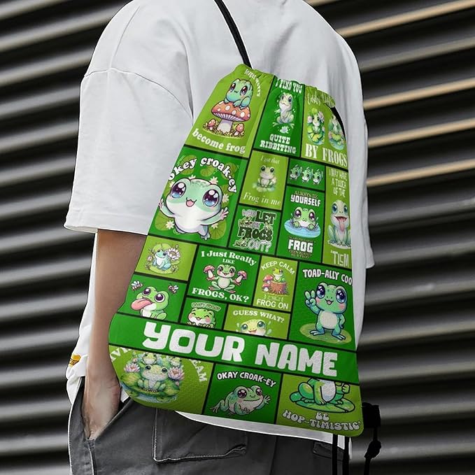 Custom Frog Drawstring Backpack - Cute Cinch Sack, String Backpacks for Kids Women Men Boys Girls for Gym Outdoor Sports Travel Athletic Drawstring Bag - Lightweight/Foldable