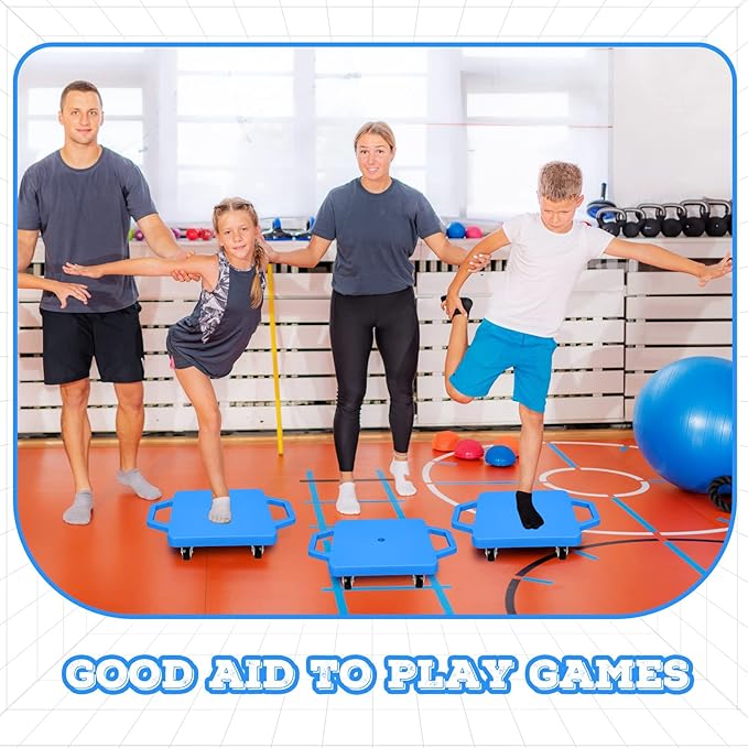 Jerify 4 Pieces Sports Scooter Board with Handles Plastic Casters Floor Sitting Scooter Boards for Kids Children Gym Indoor Outdoor Activities Play Equipment, 11.22 x 11.22 inch