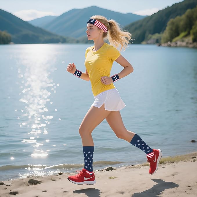 ONUPGO 5 Pieces Sweatbands Striped Socks Set Sports Headband Wristbands High Tube Socks 80s Accessories Costumes