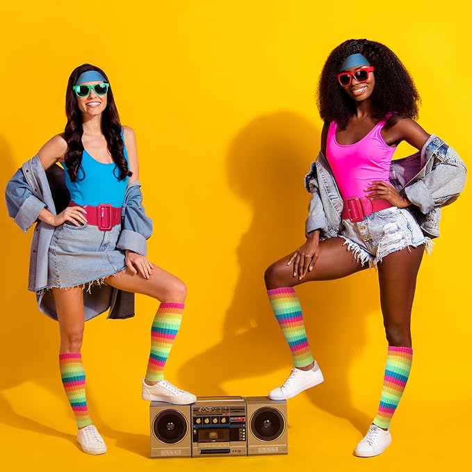 Women Girls 80s Workout Costume Set Rainbow Leg Warmers Pink Belt Blue Sweatband Neon Outfit Accessories for Halloween