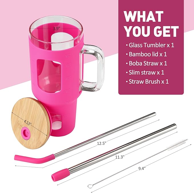 Glass Tumbler with Straw and Lid, 40 oz glass cup with handle, Glass Water Bottles with Time Marker, Silicone Protective Sleeve-Rose Red