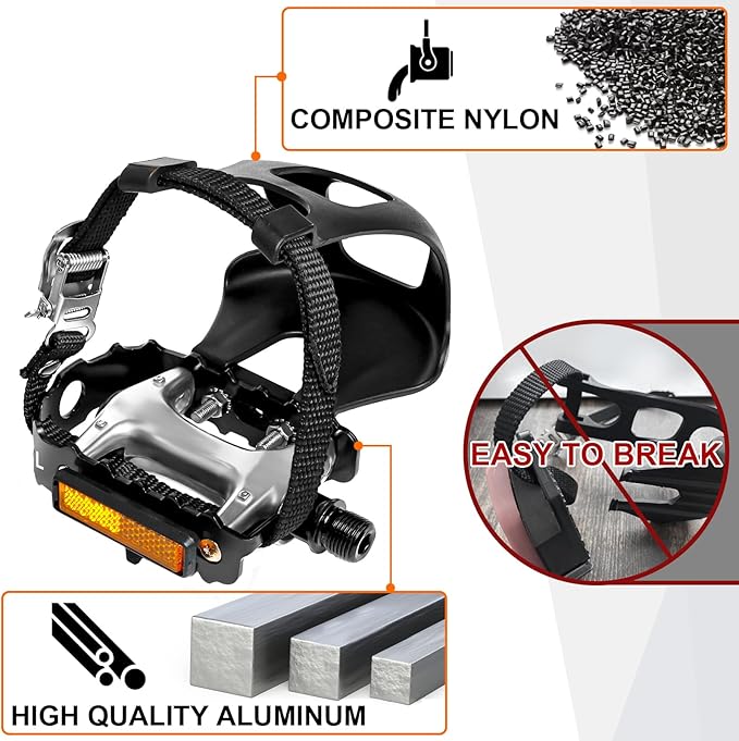 Bucklos Bike Pedals with Toe Cages and Straps - Bicycle Toe Clips Cage Compatible with Road Bike/Peloton/Mountian Bikes/MTB - Toe Clip Pedal for Wide Shoes Indoor Outdoor Cycling