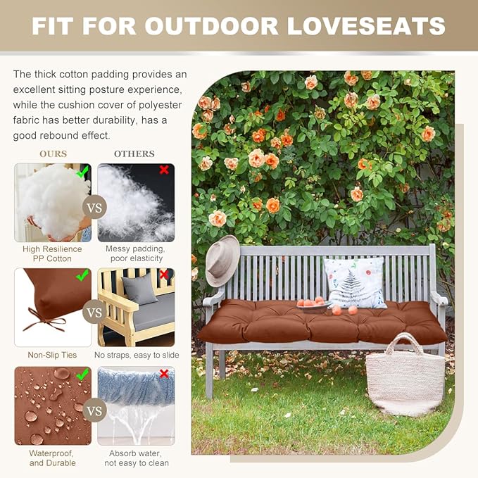 Outdoor Bench Cushion 60inches Waterproof & Fade Resistant Patio Furniture Cushions Tufted Fresh Porch Swing Lounger Loveseat Pads with Straps(Dark coffee-60x20in)