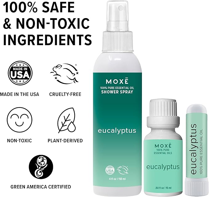 MOXĒ Eucalyptus Aromatherapy Gift Set, Essential Oil, Shower Steamer Spray, Portable Nasal Inhalers, Diffuser Essential Oil, Sinus & Congestion Relief, Therapeutic Grade, Made in USA