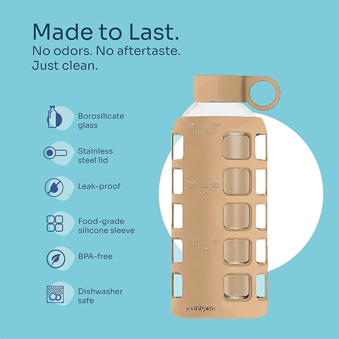 purifyou 40oz / 32oz / 22oz / 12oz Borosilicate Glass Water Bottle with Time & Volume Markers, Silicone Sleeve, Stainless Steel Lid | Reusable Glass Bottle for Water & Juice (22oz Iced Coffee)