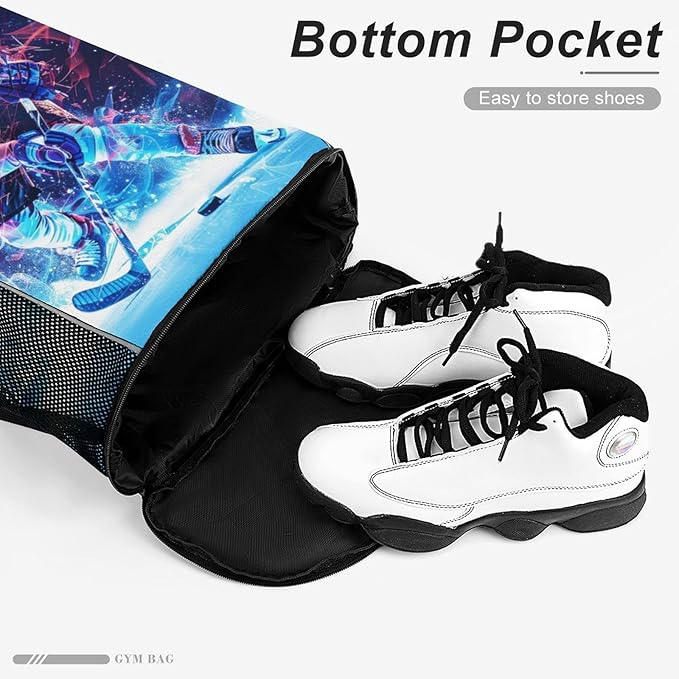 Hockey Drawstring Backpack - Cool Cinch Sack, String Backpacks with Pocket for Kids Women Men Boys Girls for Gym Outdoor Sports Travel Athletic Drawstring Bag - Lightweight/Foldable