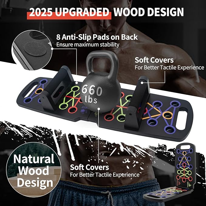 Wooden Portable Push up board, foldable fitness strength training pushup stand with solid bar grips, 2 handles for floor, professional push up training equipment for man and women