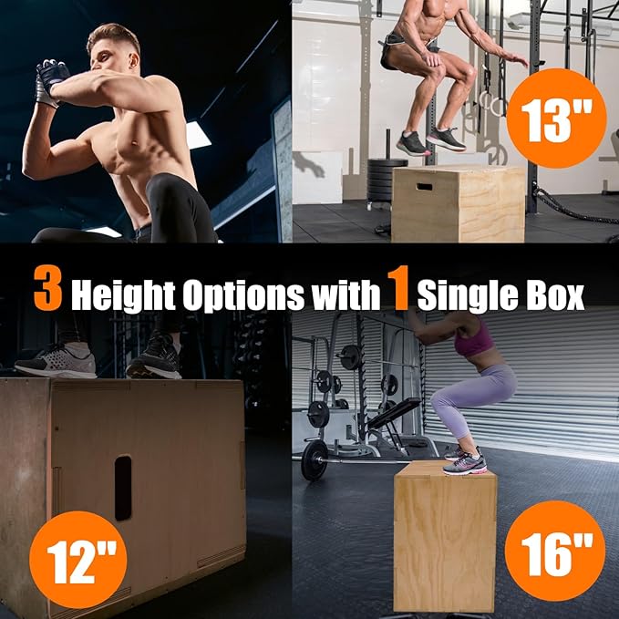 CAELUM 3-in-1 Wood Plyo Box - Non-Slip Plyometric Jump Box for Home & Gym, 400lbs Bearing Fitness Launch Box for Jumping Squats Step-ups Strength Training