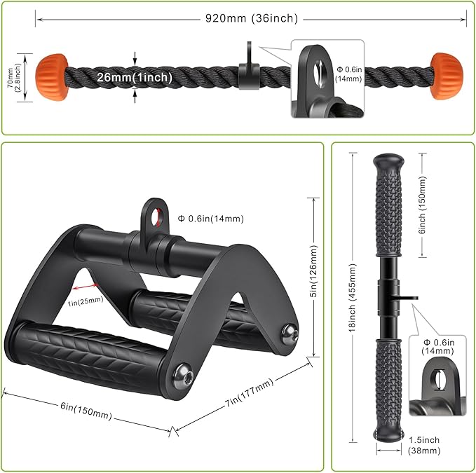 SELEWARE Triceps LAT Pulldown Attachments Home Gym Workout Accessories with Non-Slip Soft Rubber Grip Cable Machine Attachments Triceps Rope Double D Row Handle Pull Down Bar Straight Bar Exercise