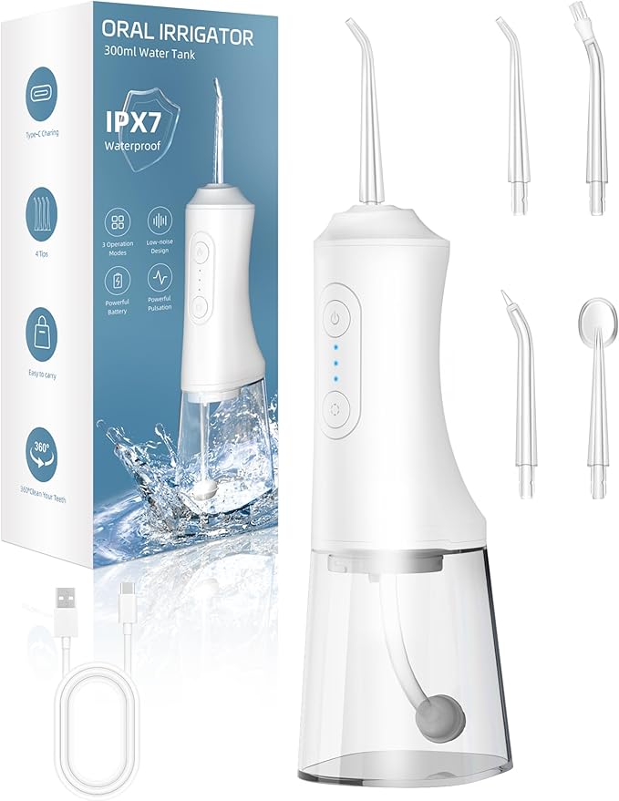 Water Flosser, Water Dental Flosser Pick for Teeth, 300ML IPX7 Waterproof Oral Irrigator, 3 Modes 4 Replaceable Jet Tips, Professional Flossing Cleaning Picks for Home Travel Gums (White)