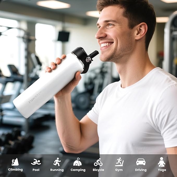 24oz Insulated Travel Water Bottle - Stainless Steel, Leakproof - Keep Hot for 12hrs & Cold for 30hrs - for Outdoors, Sports, Bike, Gym, Marathon - Gift for Women, Men (White)