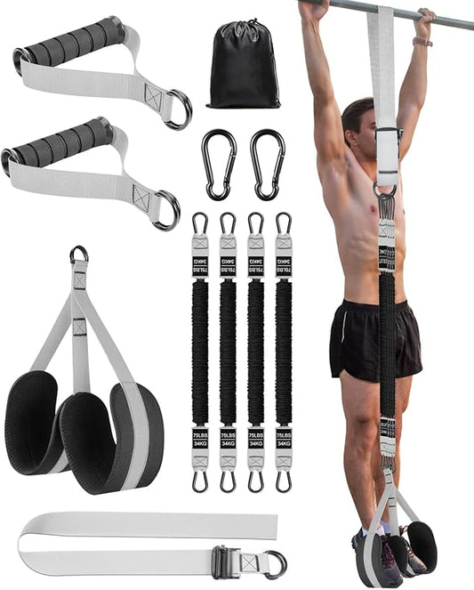 Pull Up Assistance Bands Set with Adjustable Resistance Band Bar, Heavy Duty Pull-Up Assist Band System for Chin Up, Strength Training, Home Gym Workout, Fabric Foot/Knee Rest Included