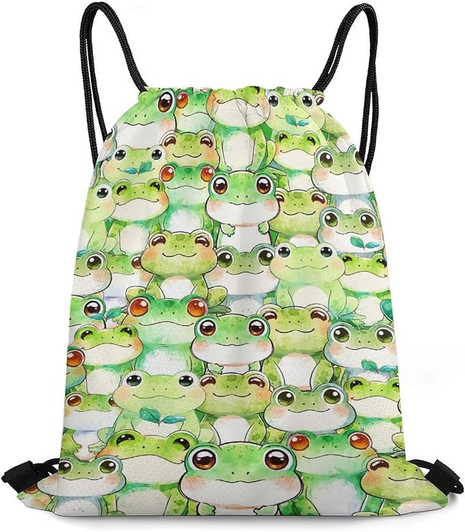 Frog Drawstring Backpack - Cute Cinch Sack, String Backpacks for Kids Women Men Boys Girls for Gym Outdoor Sports Travel Athletic Drawstring Bag - Lightweight/Foldable