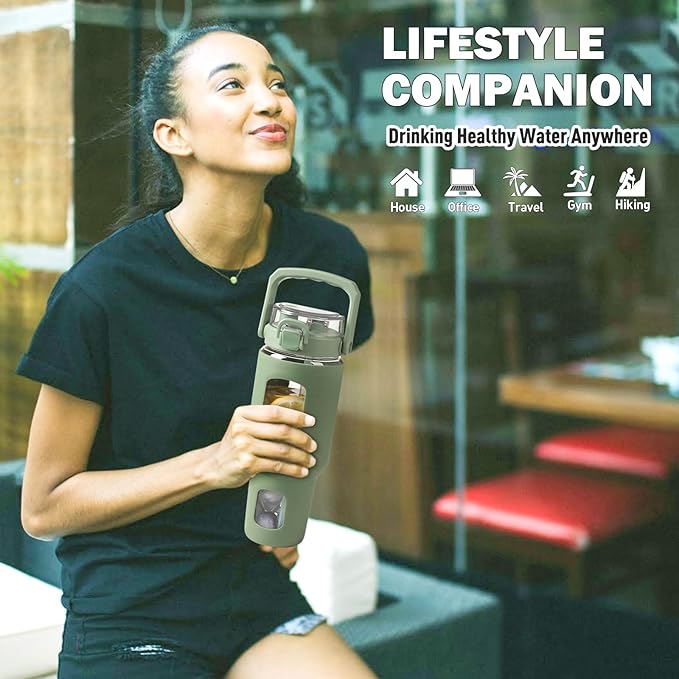 BLUEGO 40 oz Glass Water Bottle with Straw, Leakproof and Time Marker, Wide Mouth for Travel, Gym, Workout, Olive