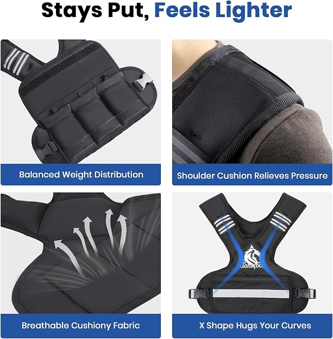 LIONSCOOL Weighted Vest for Men and Women, 4-10LB/11-20LB/20-32LB Adjustable Body Weight Vest with 6 Ironsand Weights & Reflective Stripes for Weight loss, Walking, Running, Cardio and Strength Training