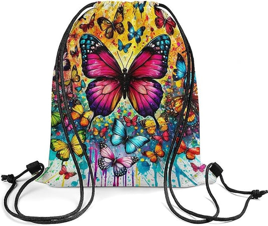 Butterfly Drawstring Backpack - Cute Cinch Sack, String Backpacks for Kids Boys Girls Women Men for Gym Outdoor Sports Travel Athletic Drawstring Bag - Lightweight/Foldable