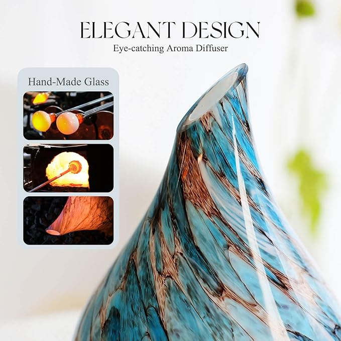 Porseme 280ml Glass Essential Oil Diffuser Aromatherapy Ultrasonic Cool Mist Humidifier 7 Running Hours Waterless Auto-Off Air Diffusers for Sleeping, Yoga, Office Working, Spa and Rest (Light Blue)