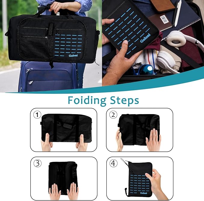 Foldable Travel Duffle Bag,Duffle Bag with Shoes Compartment and Adjustable Strap,Large Packable Travel Bags for Men Women,Waterproof Duffel Bag