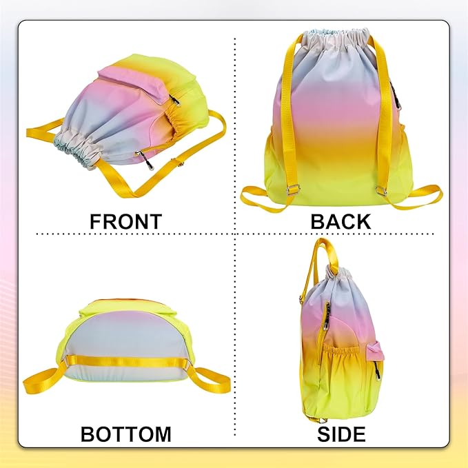 HOLYLUCK Drawstring Backpack Sports Gym Bag Water Resistant String Bag Cinch Sackpack with Side Zipper Pocket for Shopping Sport Yoga - Rainbow gradient