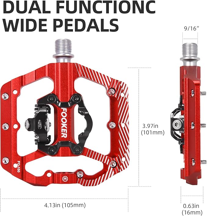 FOOKER MTB Mountain Bike Pedals 3 Bearing Flat Platform Compatible with Dual Function Sealed Clipless Aluminum 9/16" Pedals with Cleats for Road