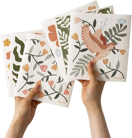 RECYCO Swedish Dishcloths for Kitchen | 6 Pack Birdsong and Blooms Washable Dish Rags | Cellulose Reusable Cleaning Paper Towels | Absorbent Counter Dish Cloth Sponge Kitchen Wipes, 8" L x 7" W