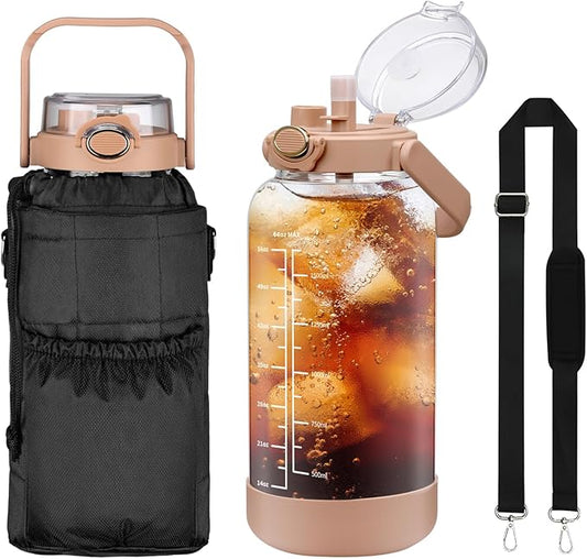 64oz Glass Water Bottle with Straw and Sleeve Half Gallon Motivational Water Bottle with Time Marke and Strap 2L Leakproof Borosilicate Reusable Water Jug for Gym Outdoors