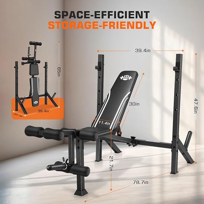 ANCHEER Weight Bench, 3 Sec Foldable Workout Bench with Squat Rack Leg Extension & Leg Curl, 900LBS Adjustable Bench Press for Home Gym, Standard Strength Training Bench