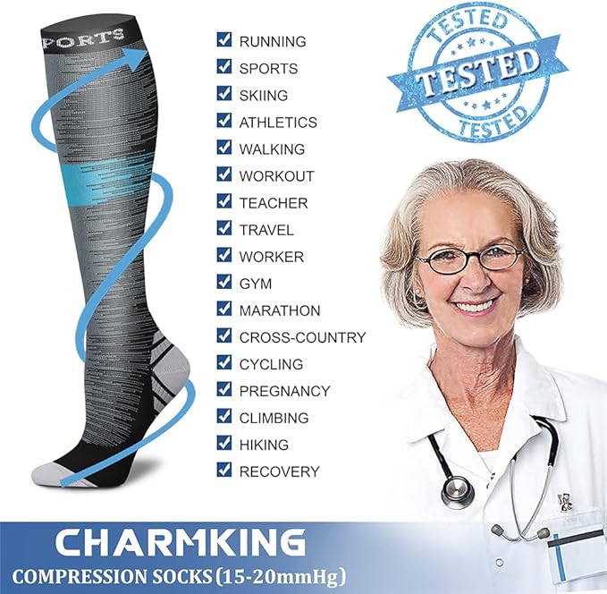 CHARMKING Compression Socks for Women & Men Circulation (8 Pairs) 15-20 mmHg is Best Support for Athletic Running,Hiking