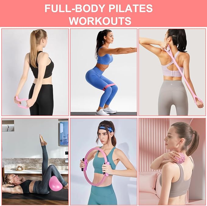 Pilates Ring Set with Resistance Bands– Anti-Slip Magic Circle Pilates Ring for Home Workouts, Full-Body Toning, Strength Training for Women 14PCS