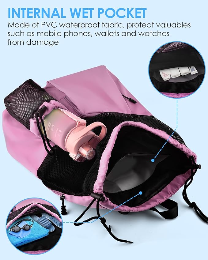 BROTOU Swim Bag Beach Backpack with Wet Pocket Mesh Drawstring Bags for Swimming, Gym